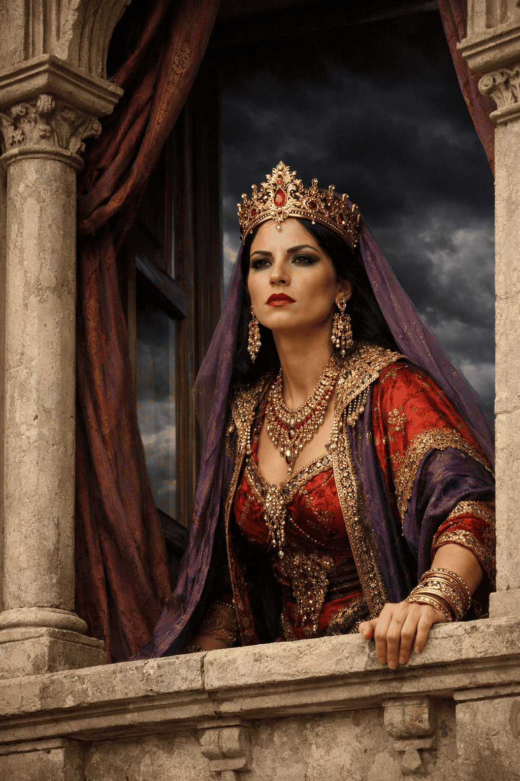 Jezebel in the Bible looking defiantly from a palace window, dressed in royal robes, dark stormy sky behind her.