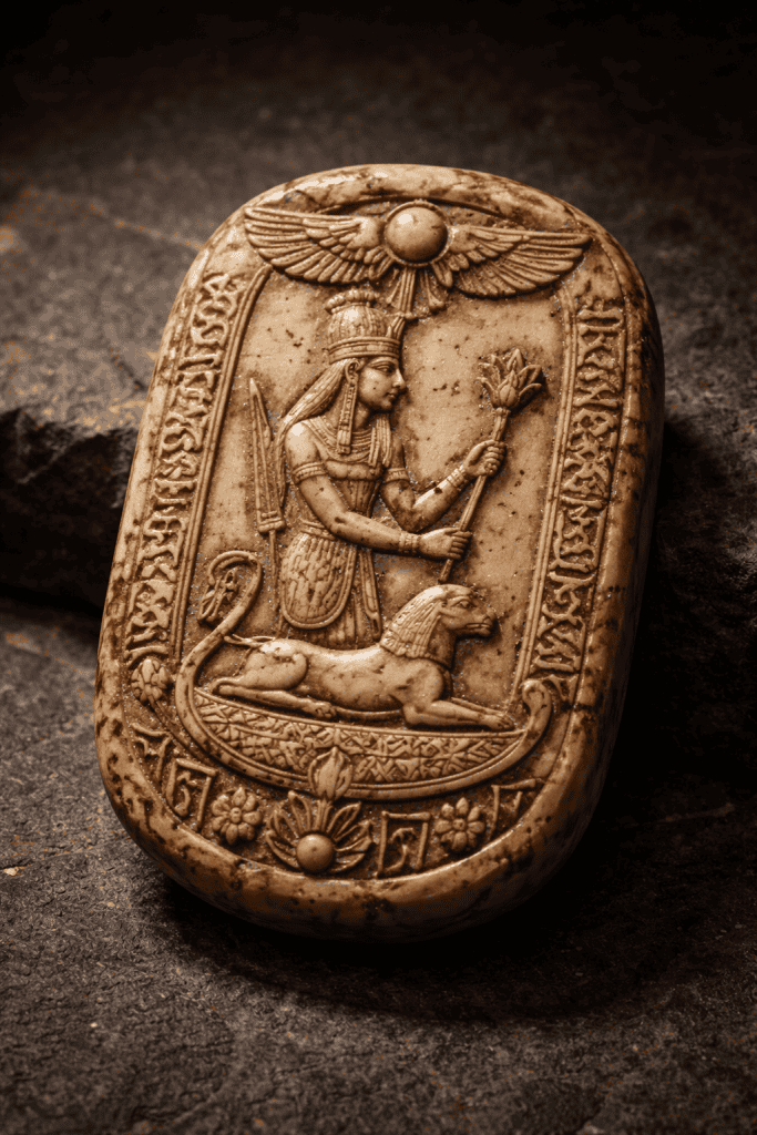 A Phoenician royal seal or carved ivory artifact on a dark stone surface, ancient and worn — the kind of object that survives long after the person who owned it is gone. 
