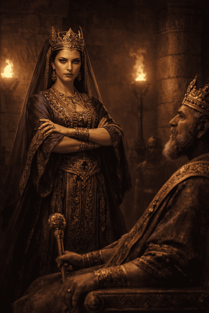 Jezebel in the Bible standing before King Ahab on his throne, arms crossed, expression cold and certain — she is clearly the one in control of the room