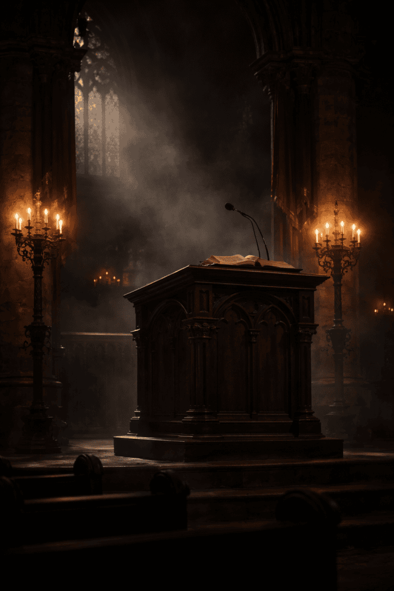 A dark church interior with an empty pulpit, shadows suggesting hidden influence — representing the Jezebel spirit in the church at Thyatira.
