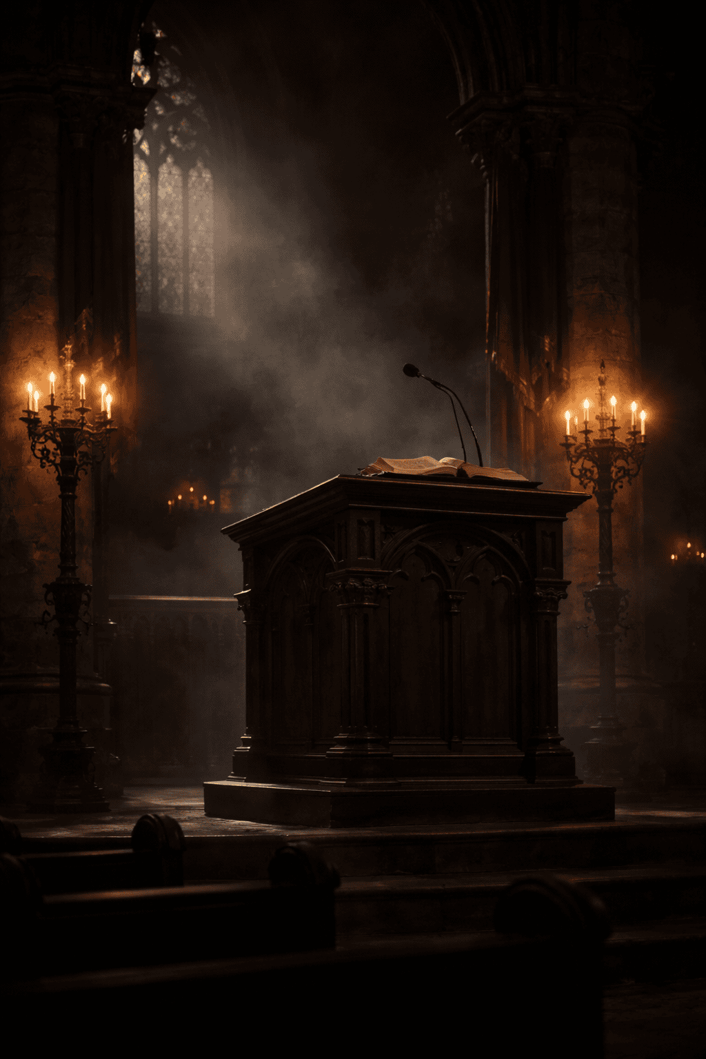 A dark church interior with an empty pulpit, shadows suggesting hidden influence — representing the Jezebel spirit in the church at Thyatira.