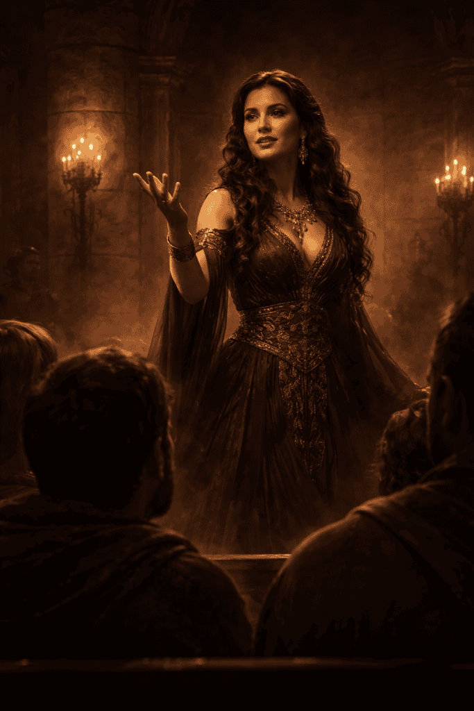 Woman teaching in a dimly lit hall representing the Jezebel spirit warning in Revelation 2:20