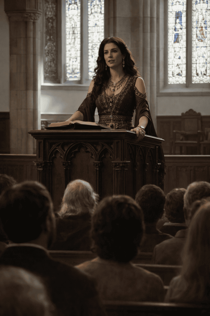 Woman behind a church pulpit representing the Jezebel spirit warning about false prophetic authority in the church
