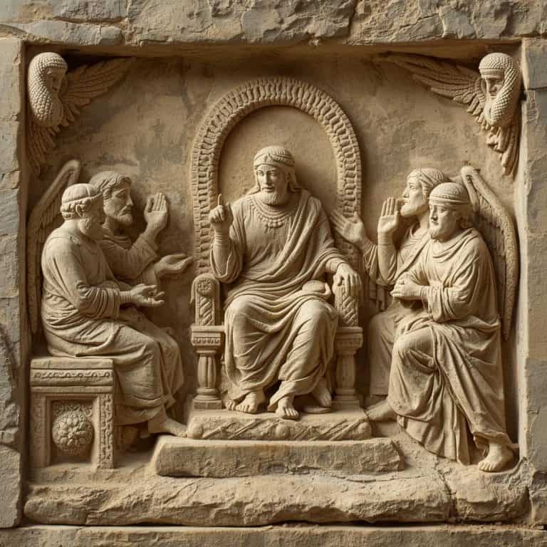 Ancient stone divine council scene carved in relief — figures assembled before a throne representing the sons of God in the Bible as heavenly beings in God's council.