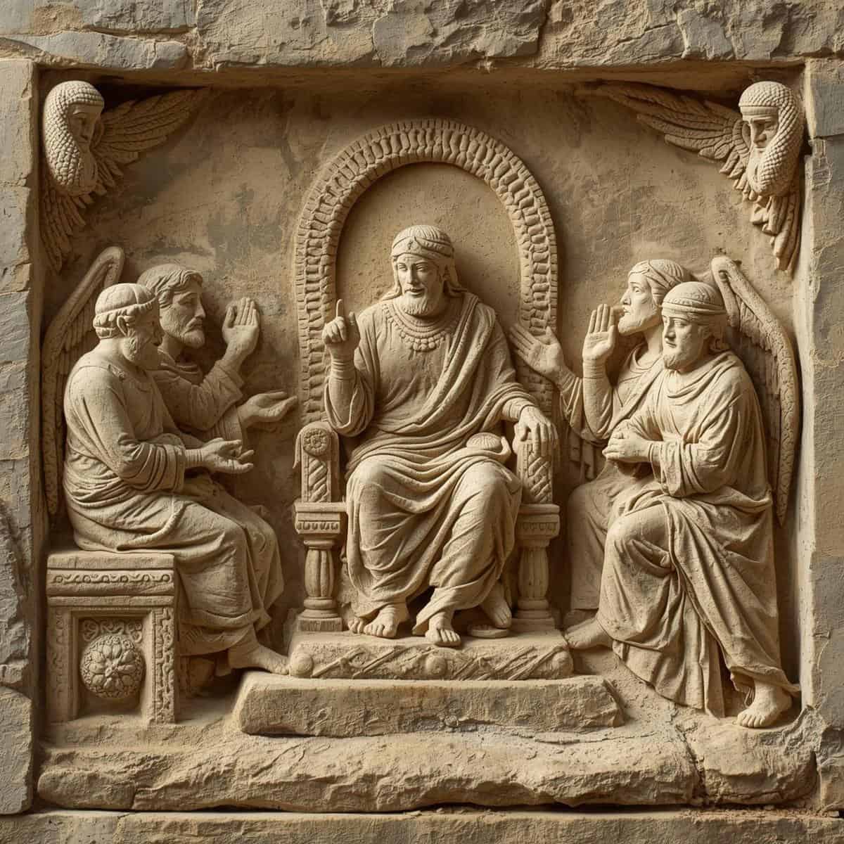 Ancient stone divine council scene carved in relief — figures assembled before a throne representing the sons of God in the Bible as heavenly beings in God's council.