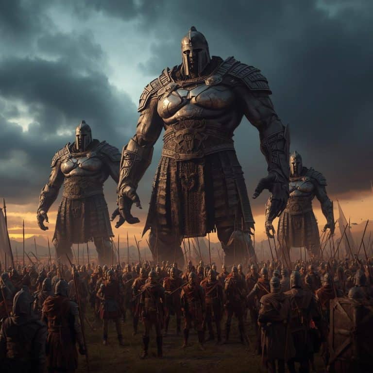 Ancient giant warriors on a battlefield representing the Nephilim in the Bible as mighty men of renown