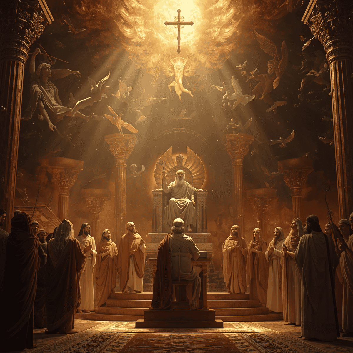 God presiding over the divine council in the Bible — a heavenly assembly of created beings serving under his authority.