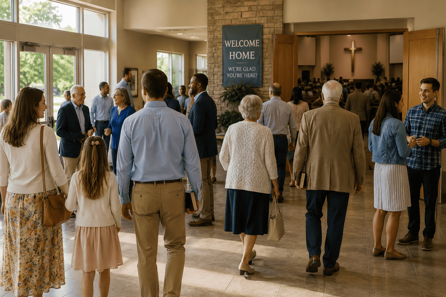 What does the Bible say about modesty? Church members gathering for worship on Sunday morning, illustrating modesty in the Bible and reverence in the local church.