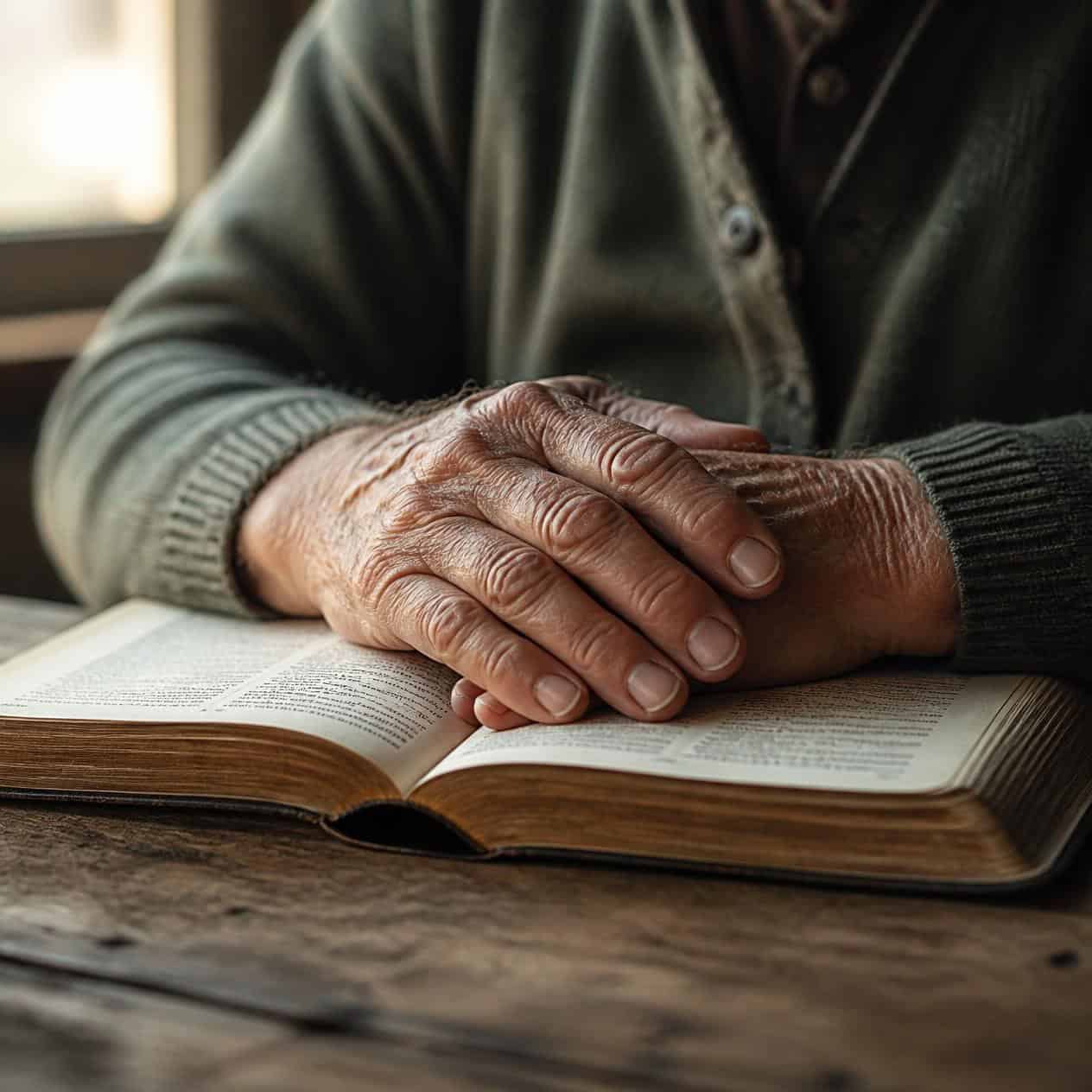 Elderly man’s hands resting on an open Bible, illustrating what Scripture says about whether retirement is biblical and faithful aging.