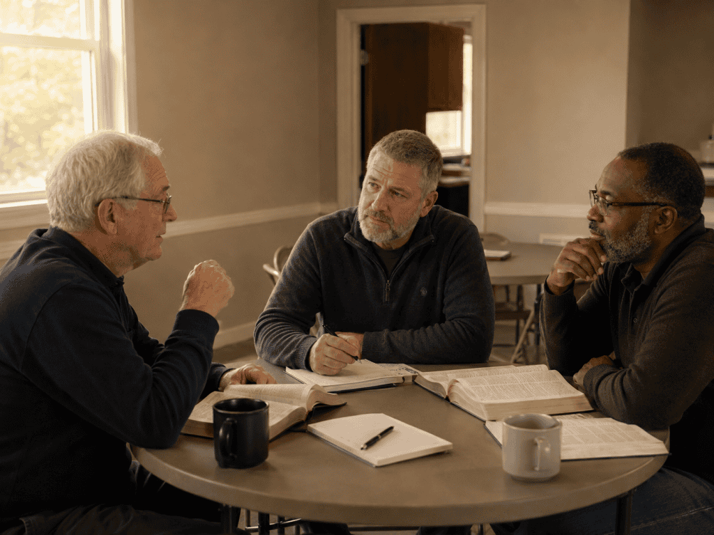 Three elders and deacons discussing Scripture around a church table with open Bibles, notebooks, and coffee.