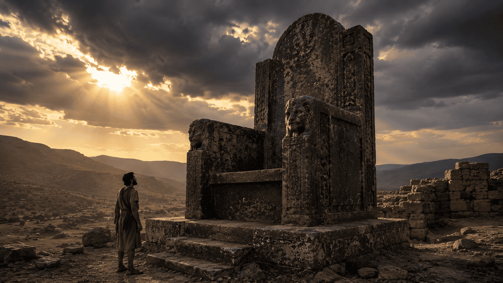 Ancient stone throne towering over a lone traveler, illustrating the Rephaim in the Bible and the giant clans of ancient Bashan.
