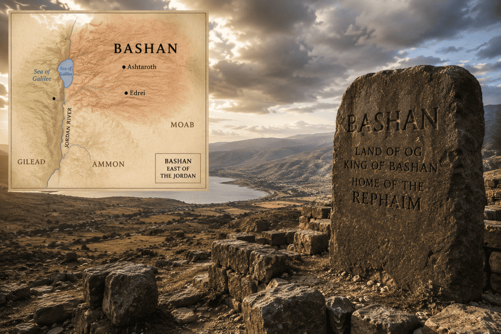Illustrated map of Bashan, the homeland of the Rephaim in the Bible, showing the territory of King Og and major biblical locations east of the Jordan River.