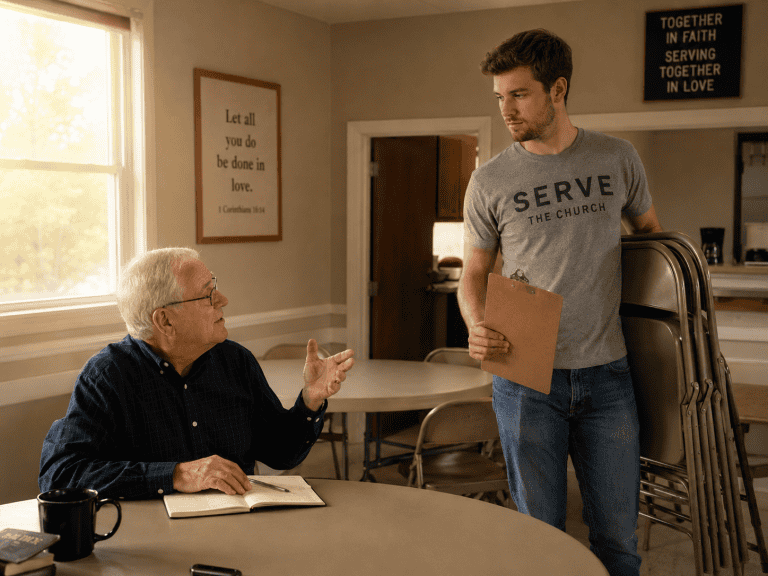 Church elder teaching while a deacon serves practically, illustrating elders and deacons roles