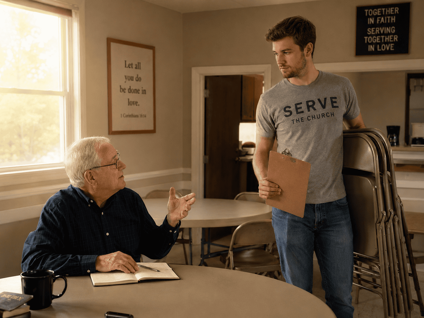 Church elder teaching while a deacon serves practically, illustrating elders and deacons roles