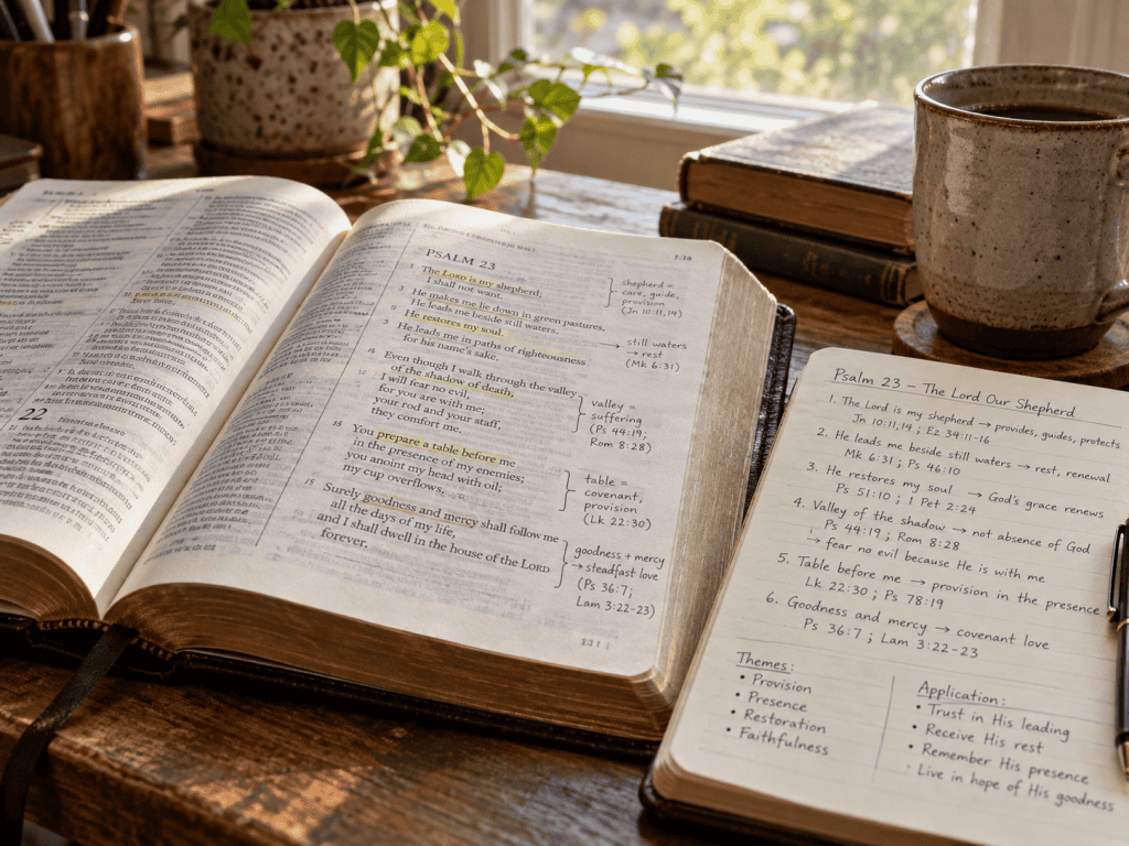 Open Bible and study notes illustrating how to test biblical doctrine in context