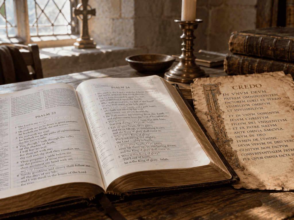 Open Bible beside a historic Christian creed showing Scripture as the final authority