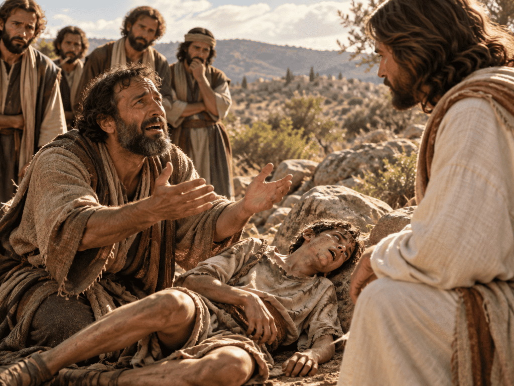Desperate father pleading with Jesus to help his tormented son as the disciples look on in Mark 9.