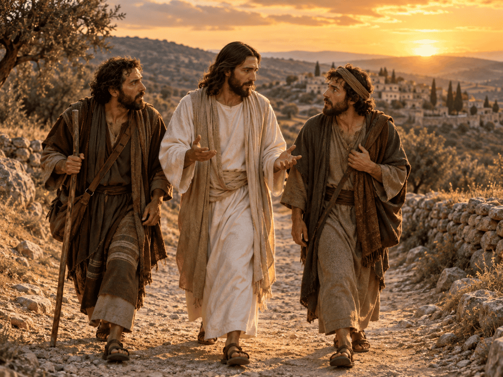 Jesus walking with two disciples on the road to Emmaus at sunset, explaining the Scriptures as they listen.