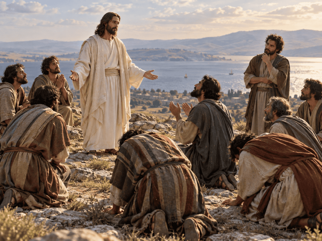 Jesus standing before the Eleven disciples on a mountain in Galilee as some worship Him and others hesitate in doubt.
