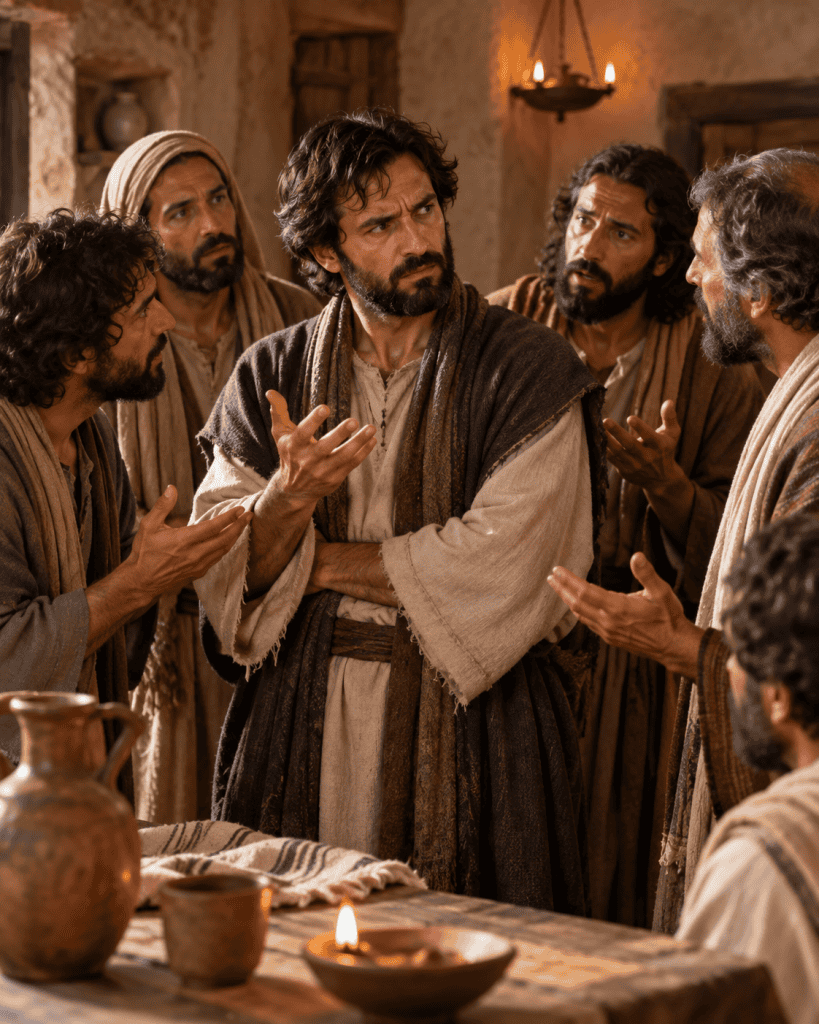 Thomas listening skeptically as the other disciples tell him they have seen the risen Jesus.