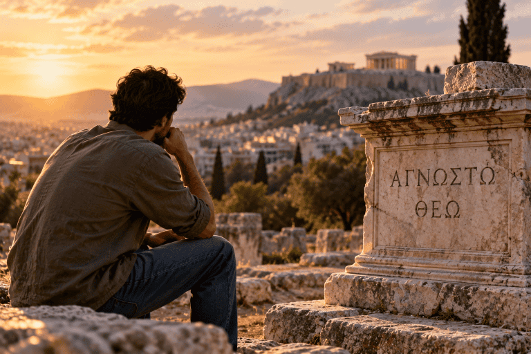 A man sitting near an altar to an unknown god in Athens, reflecting on whether an agnostic can be saved.