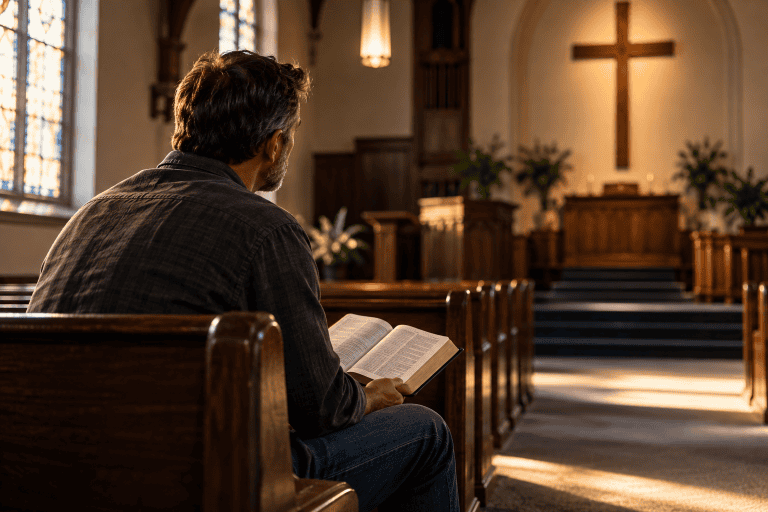 Christian man reading his Bible in church while wrestling with doubt about his faith.
