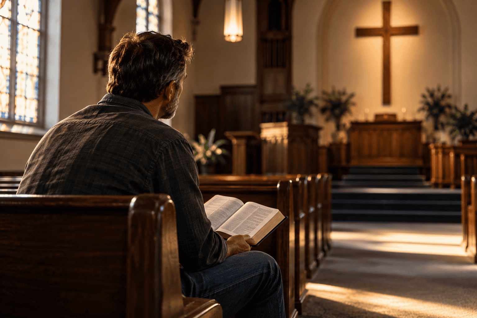 Christian man reading his Bible in church while wrestling with doubt about his faith.