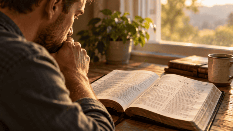Man studying an open Bible at Acts 16, reflecting on what must I do to be saved.