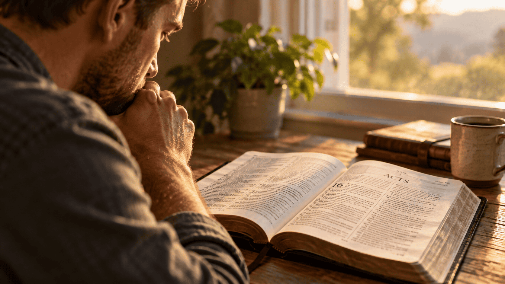 Man studying an open Bible at Acts 16, reflecting on what must I do to be saved.