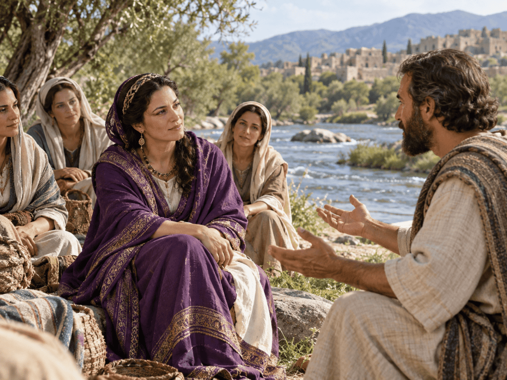 Lydia listening to Paul by the river outside Philippi