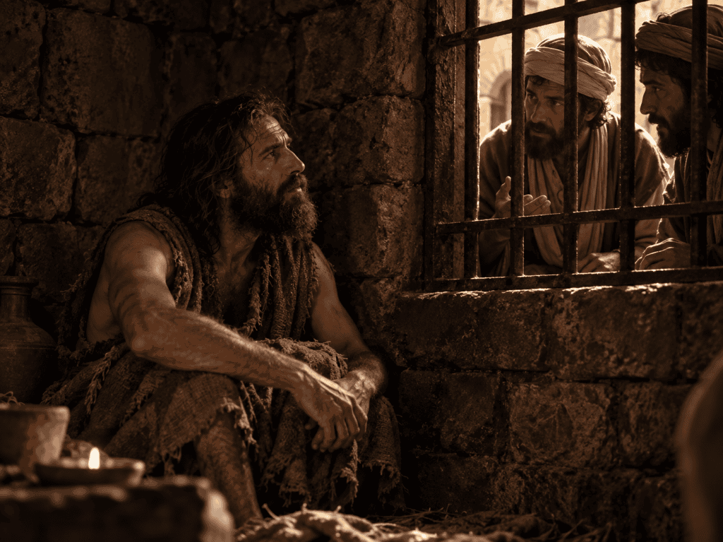 John the Baptist in a dim prison cell listening to his disciples through the bars
