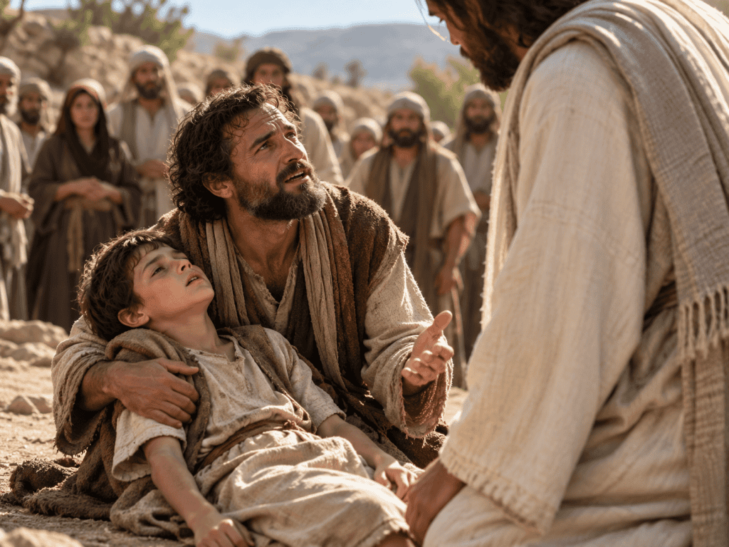 father kneeling before Jesus with his son