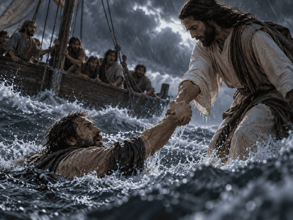 Jesus gripping Peter's arm as Peter sinks into a stormy sea
